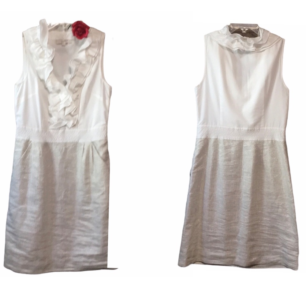 LOFT SLEEVELESS V NECK DRESS RUFFLES METALLIC SKIRT FAIRYCORE SOFTGIRL SZ 8 NWT